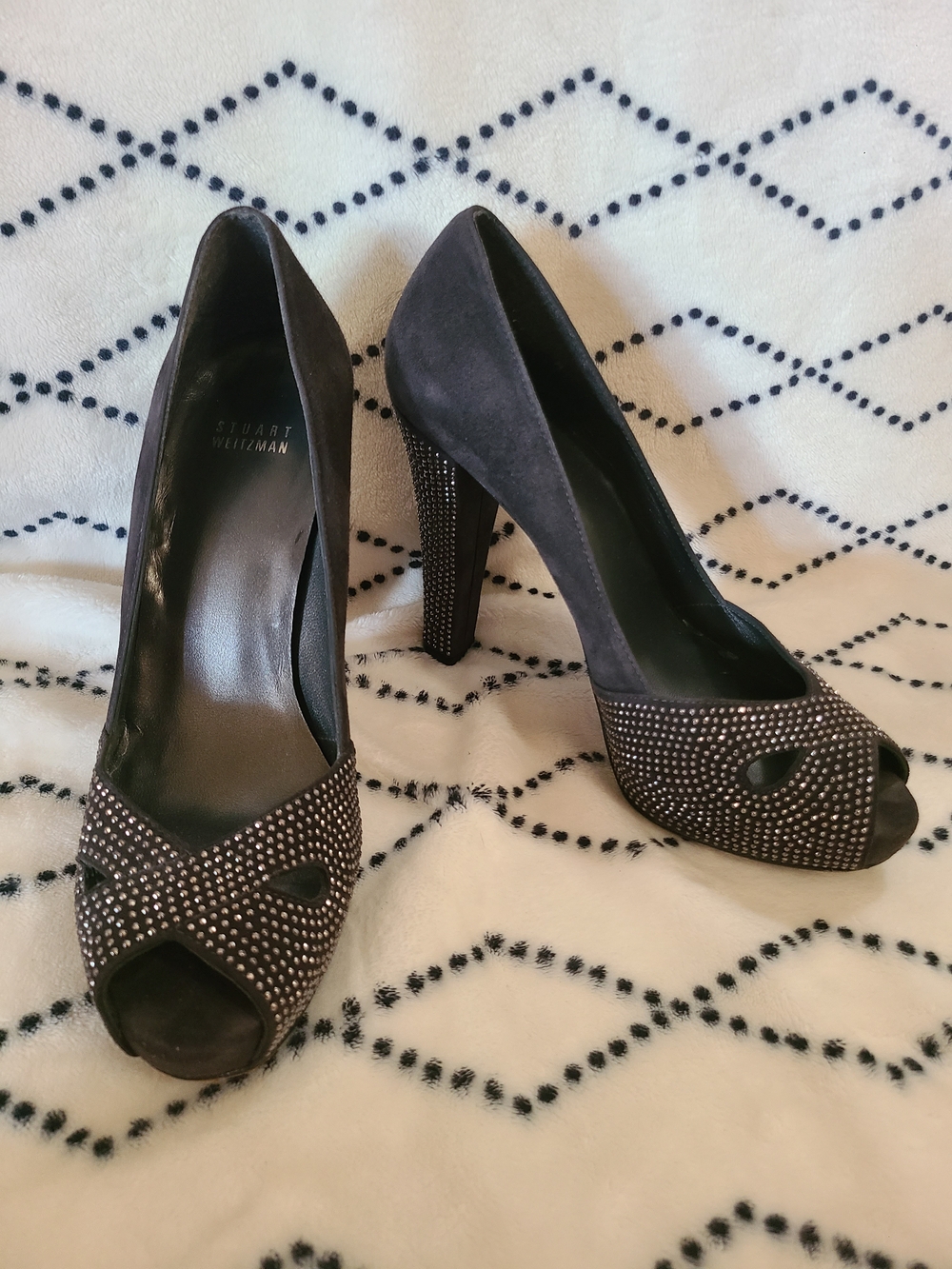 Stuart Weitzman Black Suede Peep-Toe Heels with Silver Stud Embellishment Size 8